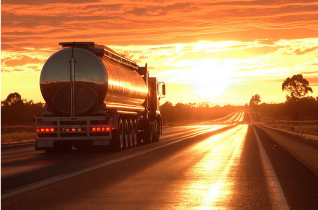 Fuel tanker on the highway at sunset